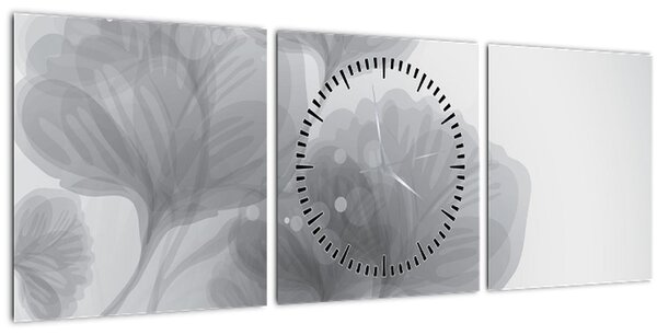 Obraz kvetov v šedých odtieňoch (s hodinami) (90x30 cm)