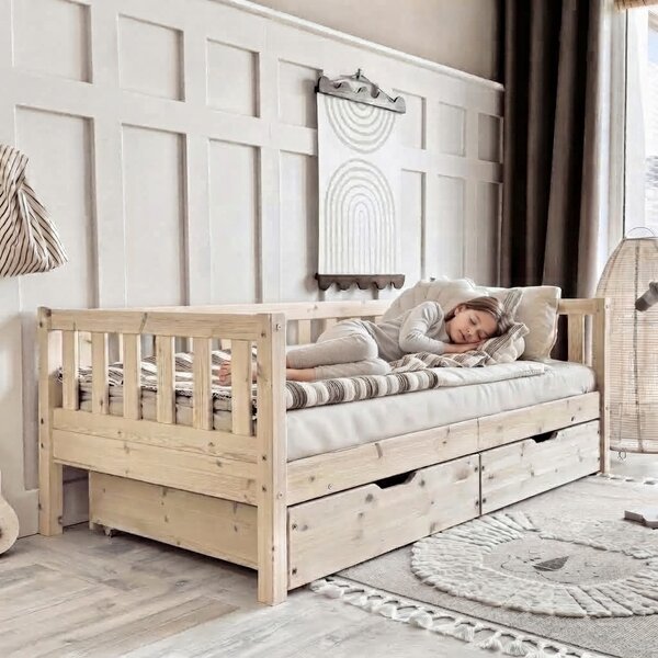 Detská posteľ z masívu 190x90 cm s 2 zásuvkami a zábranou | Basic Dávid Plus