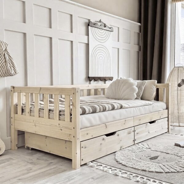 Detská posteľ z masívu 190x90 cm s 2 zásuvkami a zábranou | Basic Dávid Plus