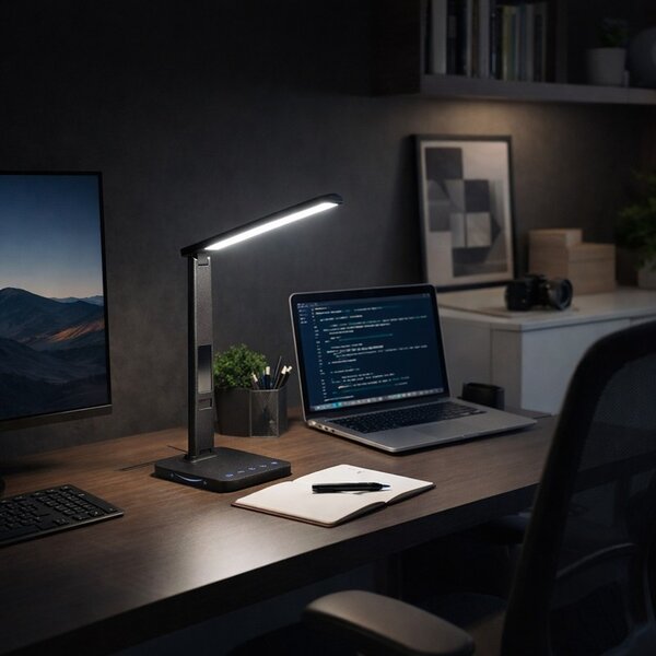 Stolná LED lampa WEST s hodinami a USB, 8 W, CCT, čierna (LU19AC-CR) (LU19AC-CR)