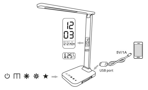 Stolná LED lampa WEST s hodinami a USB, 8 W, CCT, čierna (LU19AC-CR) (LU19AC-CR)