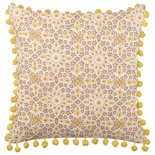 Sada 2 dekoratívnych vankúšov žltá bavlna 45 x 45 cm geometrický vzor bloková tlač brmbolce boho štýl doplnky