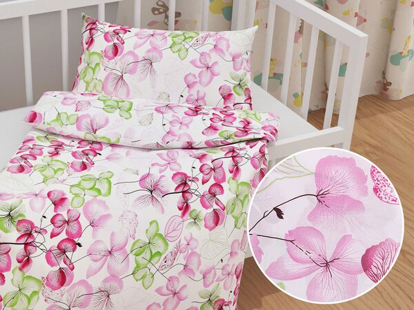 Biante Detské bavlnené posteľné obliečky do postieľky Sandra SA-366 Ružovo-zelené kvety na bielom Do postieľky 90x120 a 40x60 cm