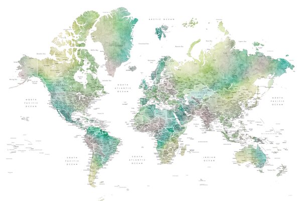 Mapa Watercolor world map with cities in muted green, Oriole, Blursbyai, (40 x 26.7 cm)