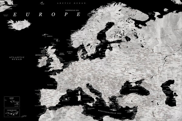 Mapa Black and grey detailed map of Europe in watercolor, Blursbyai, (40 x 26.7 cm)