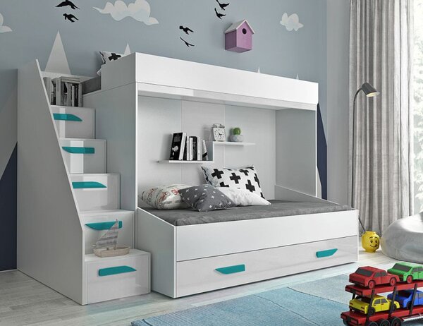 Detská poschodová posteľ s úložným priestorom Derry - biela/tyrkysové úchyty