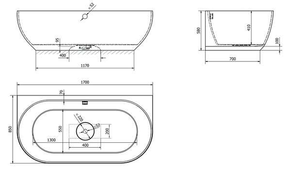 Polysan Polysan, PAGODA vaňa liaty mramor 170x85x58cm, biela, 72976