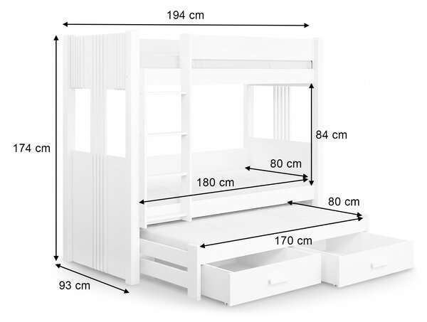 Poschodová posteľ s prístelkou Arten 80x180 - biela
