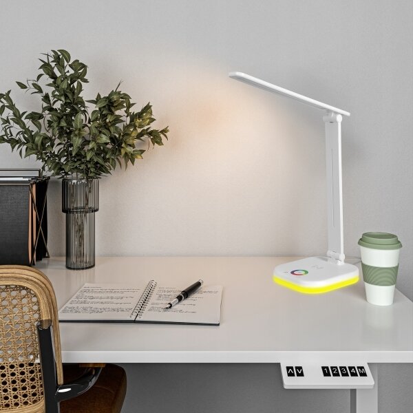Stmievateľná stolná lampa LED RGBW s bezdrôtovým nabíjaním, 7W/5V USB, biela