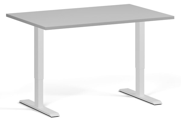 Výškovo nastaviteľný stôl, 120x80 cm, 1 motor, biela podnož, sivá