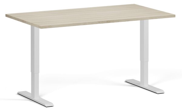 Výškovo nastaviteľný stôl, 140x80 cm, 1 motor, biela podnož, dub prírodný