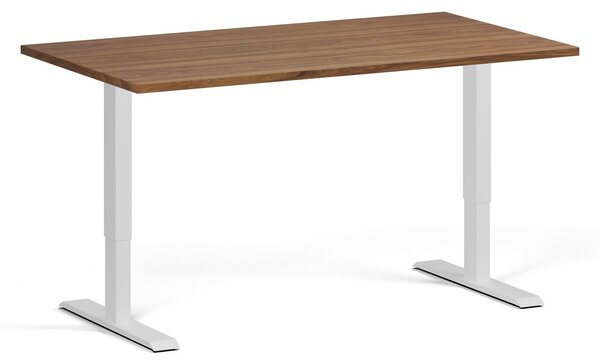 Výškovo nastaviteľný stôl, 140x80 cm, 1 motor, biela podnož, orech