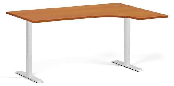 Rohový výškovo nastaviteľný stôl, 160x120 cm, 1 motor, L/P, biela podnož, čerešňa