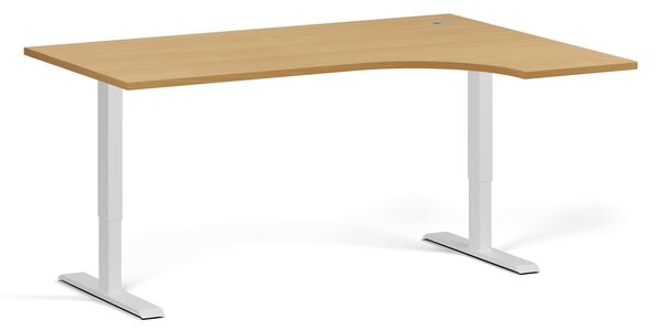 Rohový výškovo nastaviteľný stôl, 160x120 cm, 1 motor, L/P, biela podnož, buk