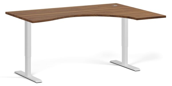 Ergonomický výškovo nastaviteľný stôl, 160x120 cm, 1 motor, L/P, biela podnož, orech