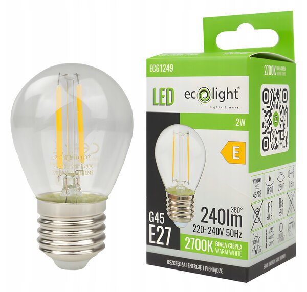 LED žiarovka E27 filament 2W 240lm 2700k g45 - teplá farba