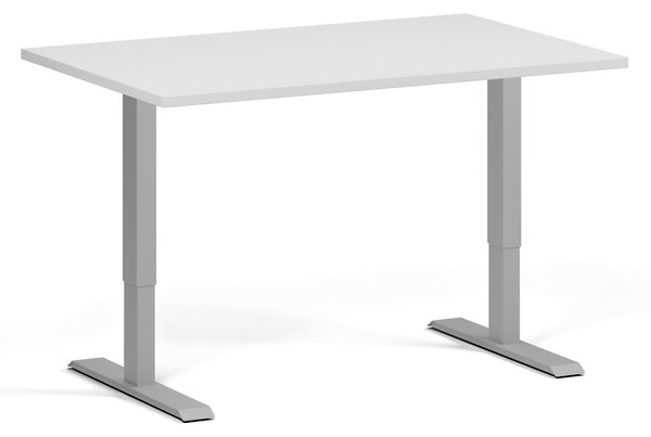 Výškovo nastaviteľný stôl, 120x80 cm, 1 motor, sivá podnož, biela