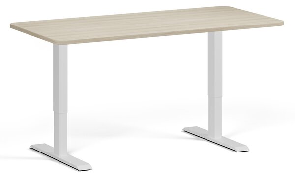 Výškovo nastaviteľný stôl, 160x80 cm, 1 motor, zaoblené rohy, biela podnož, dub prírodný