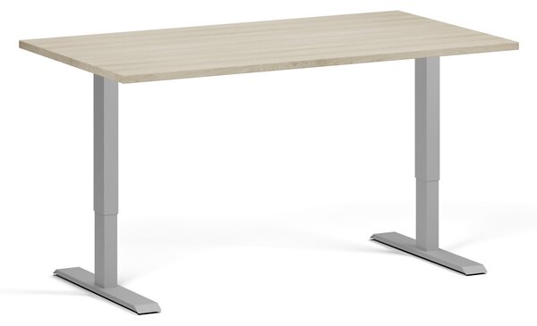 Výškovo nastaviteľný stôl, 140x80 cm, 1 motor, sivá podnož, dub prírodný