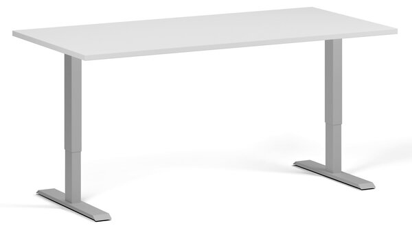 Výškovo nastaviteľný stôl, 160x80 cm, 1 motor, sivá podnož, biela
