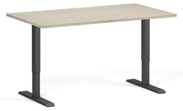 Výškovo nastaviteľný stôl, 140x80 cm, 1 motor, čierna podnož, dub prírodný