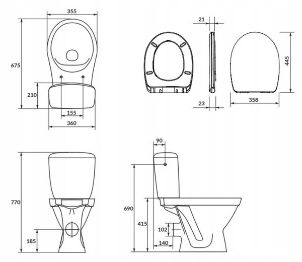 Cersanit Cersania SimpleOn 010 - WC kombi 3/6l + sedátko s pomalým zatváraním z duroplastu, horizontálny odpad, biela, K11-2337