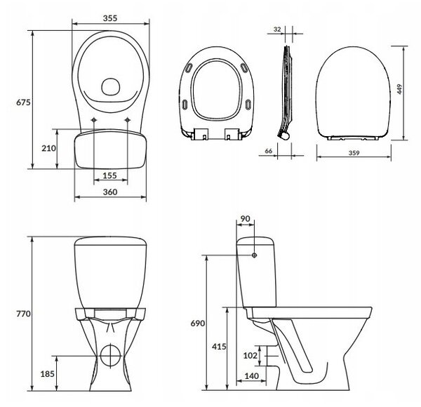 Cersanit Cersania SimpleOn 010 - WC kombi 3/6l + Slim sedátko s pomalým zatváraním z duroplastu, horizontálny odpad, biela, K11-2338