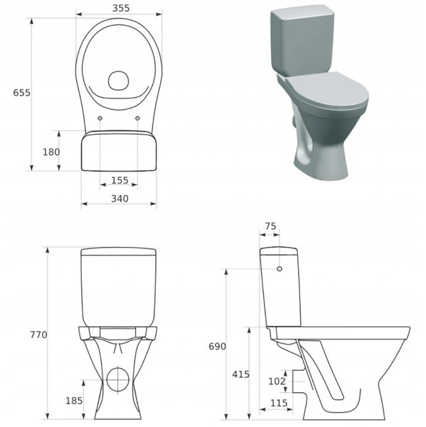Cersanit Cersania SimpleOn 010 - WC kombi 3/6l + sedátko s pomalým zatváraním z duroplastu, horizontálny odpad, biela, K11-2339