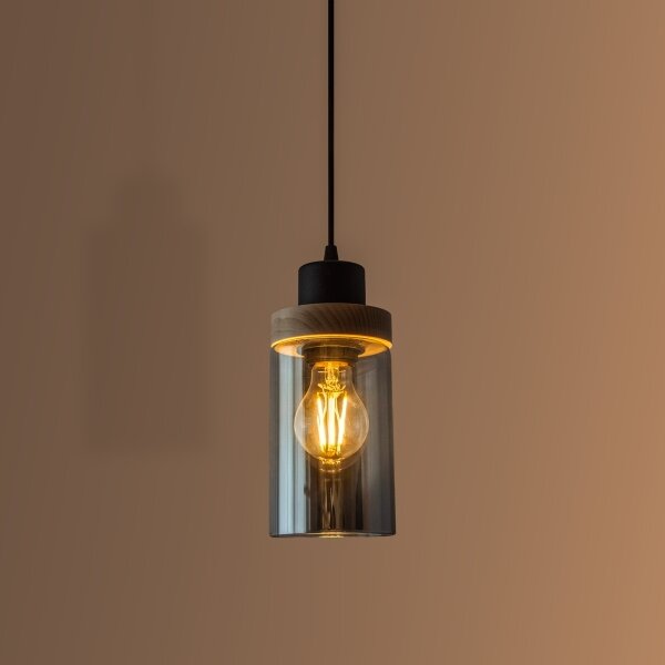 Luster na lanku WOODNEST 1xE27/15W/230V borovica/dymová čierna