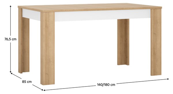KONDELA Jedálenský stôl LYOT03, rozkladací, dub riviera/biela s extra vysokým leskom, 140-180x85 cm, LEONARDO