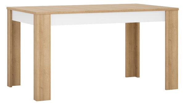 KONDELA Jedálenský stôl LYOT03, rozkladací, dub riviera/biela s extra vysokým leskom, 140-180x85 cm, LEONARDO