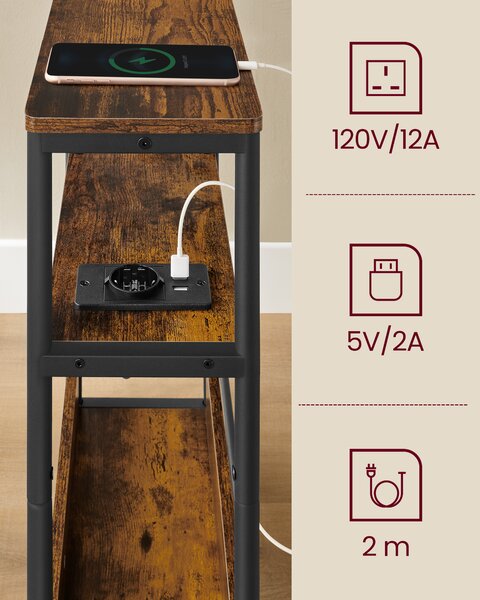 VASAGLE Rozkladací úzky stolík s elektrickým napájaním a USB kľúčom čierny a USB zásuvkou hnedý