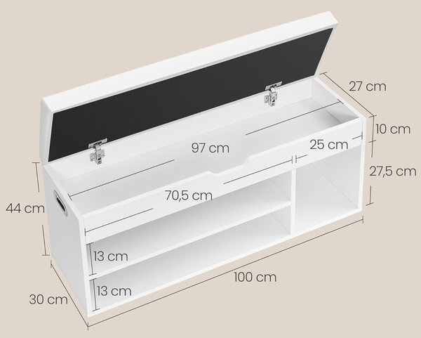 VASAGLE Sedací botník s úložným priestorom biely 100 x 44 x 30 cm