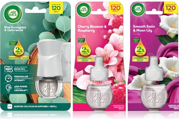 Air Wick Cherry Blossom & Rasberry Blue Eucalyptus & Cedarwood Essential Oils Smooth Satin & Moon Li osviežovač vzduchu