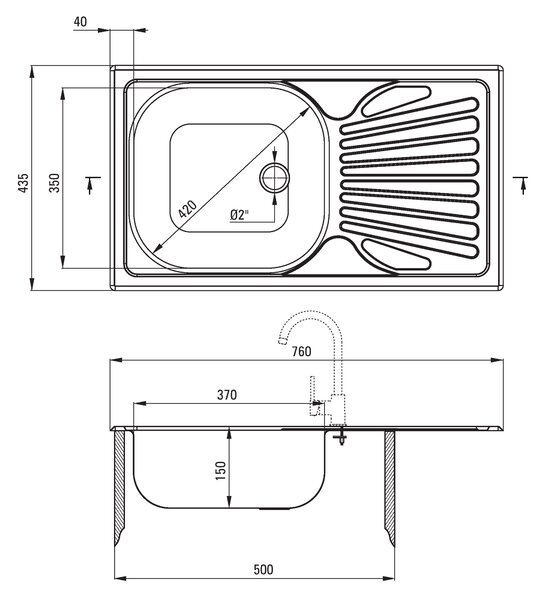 Deante Techno, nerezový drez na dosku 1-komorový Z/O 760x435x150 2" + sifón, vzor satyna, ZMU_0110