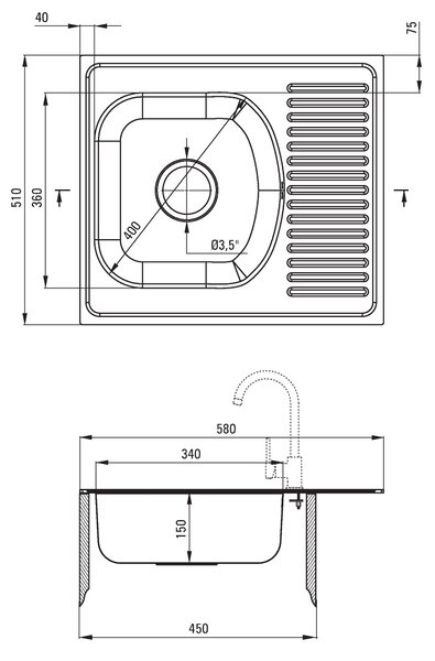 Deante Techno, nerezový drez na dosku 1-komorový Z/KO 580x510x150 3,5" + sifón, vzor satyna, ZMU_0113