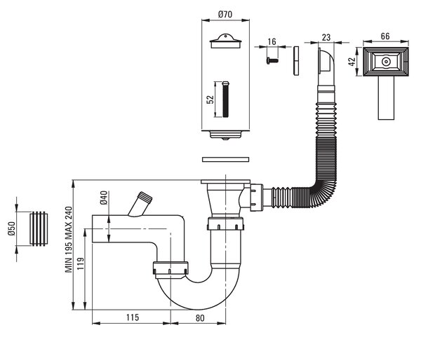 Deante Techno, nerezový drez na dosku 1-komorový B/O 380x380x160 2" + sifón, vzor satyna, ZMU_0100