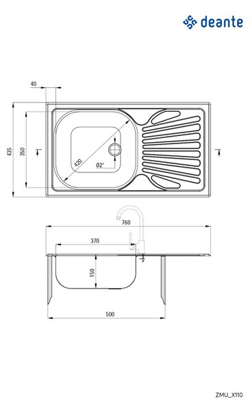Deante Techno, nerezový drez na dosku 1-komorový Z/O 760x435x150 2" + sifón, vzor satyna, ZMU_0110