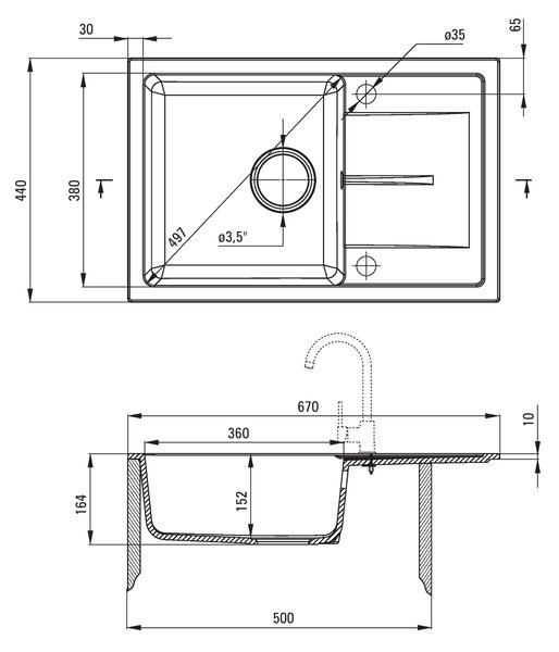 Deante Leda, granitový 1-komorový drez na dosku 670x440x164 mm + drezová batéria BEN 262M grafitová + sifón, grafitová, ZRDA2113