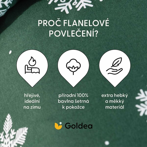Goldea flanelové posteľné obliečky - snehové vločky na zelenej 140 x 200 a 70 x 90 cm