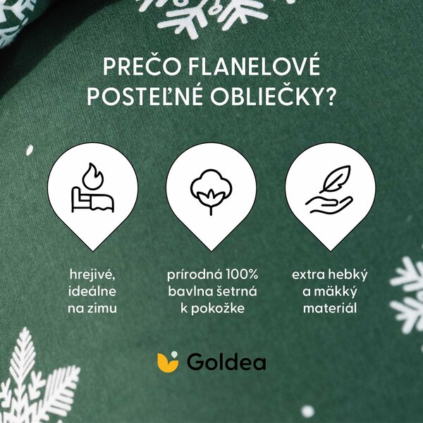 Goldea flanelové posteľné obliečky - snehové vločky na zelenej 140 x 200 a 70 x 90 cm