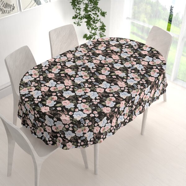 Biante Bavlnený oválny obrus Sandra SA-449 Modro-ružové kvety na čiernom 50x100 cm