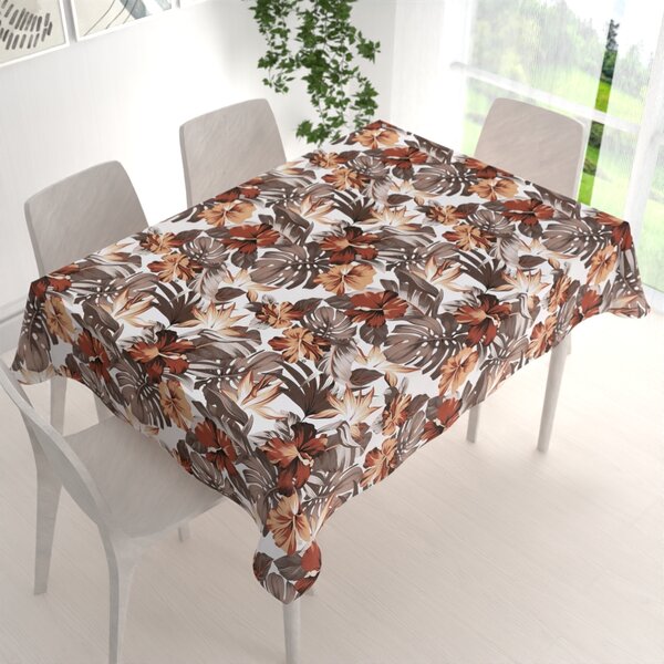 Biante Bavlnený obdĺžnikový obrus Sandra SA-441 Hnedo-tehlové kvety a listy monstery 50x100 cm