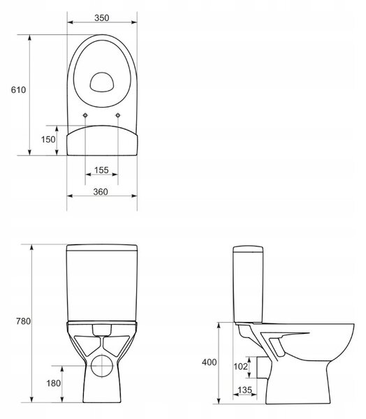 Cersanit Parva, kombi wc s horizontálnym odtokom, bočný prívod vody a splachovaním 3/6L + antibakteriálnym sedátkom z doruplastu s pomalým zatváraním…