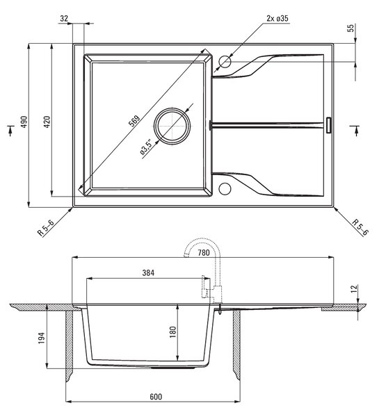 Deante Andante Flush, granitový drez 780x490x194 mm, 3,5" + priestorovo úsporný sifón, 1-komorový, grafitová metalíza, ZQN_G11F