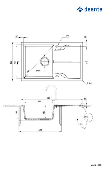 Deante Andante Flush, granitový drez 780x490x194 mm, 3,5" + priestorovo úsporný sifón, 1-komorový, grafitová metalíza, ZQN_G11F