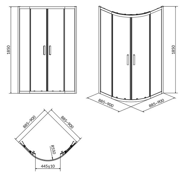 Cersanit Basic+Tako, štvrťkruhový sprchový kút 90x90x185 cm + sprchová vanička 90x16cm, biela, S601-118