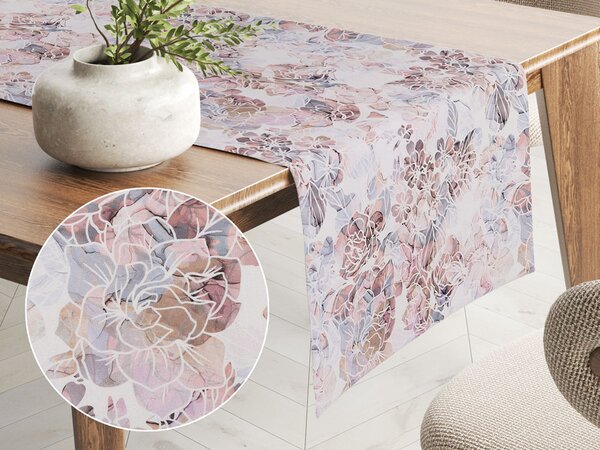 Biante Dekoračný behúň na stôl Rongo RGP-501 Ružovo-fialkové kvety na bielom 20x140 cm