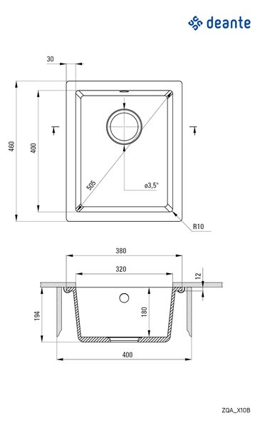 Deante Corda, granitový drez pod dosku 380x460x194 mm, 3,5" + priestorovo úsporný sifón, 1-komorový, biela, ZQA_A10B