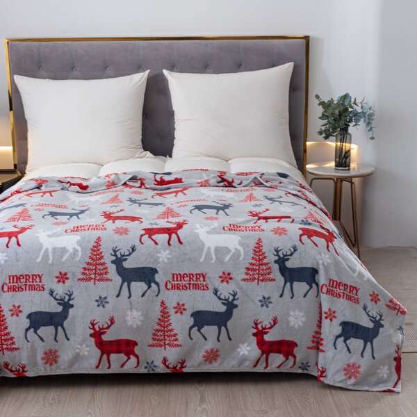 Vianočná mikroplyšová deka MERRY CHRISTMAS DEER sivá Rozmer: 160 x 200 cm
